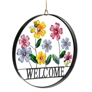 Decoratiune Metalica Rotunda cu Cadru Negru Flori