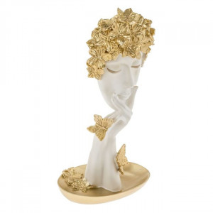 Figurina Decorativa Fata Alba cu Flori Aurii Fluturi 