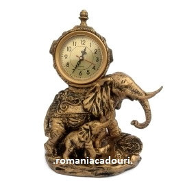 Statueta elefant cu pui din rasina cu ceas