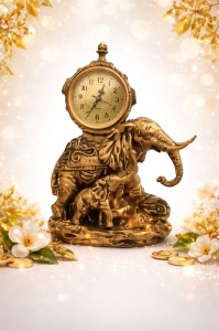 Statueta elefant cu pui din rasina cu ceas