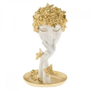 Figurina Decorativa Fata Alba cu Flori Aurii Fluturi 