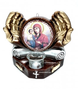 Candela ceramica maini cu Icoana Maicii cu 3 maini