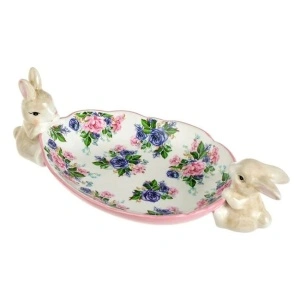Platou decorativ din ceramică cu iepurași și model floral