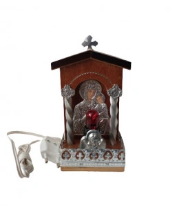 Candela electrica din lemn cu icoana Maicii Domnului