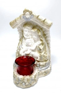 Candela ceramica alba cu pahar Sfanta Familie