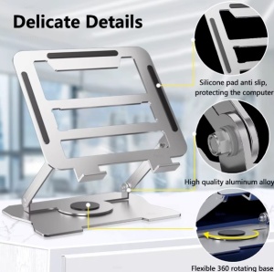 Tablet displayed on rotating metal shelf bracket