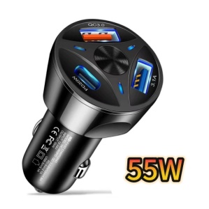 3-in-1 USB Car Charger 55 W Fast Charging QC 3.0