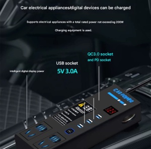 In-car top view with callouts: QC3.0, USB-C PD, 5V 3A USB and digital voltage display.