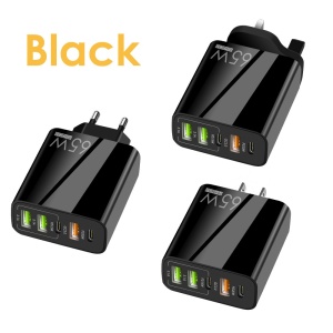 Compact charger plugged into wall socket with three devices connected