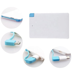 White credit-card power bank with built-in micro-USB cable