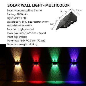 Bright white solar LED wall lamp 5V/1W, durable ABS+PMMA body, light sensor control, IPX4 waterproof.