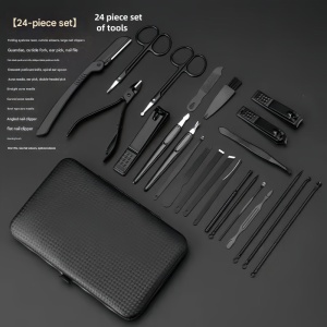 24-piece manicure and pedicure set black edition with PU leather case and grooming tools
