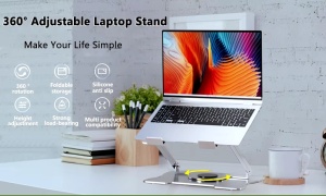 Shelf rotated 360° holding laptop in tilted position