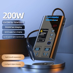 Promo image: 200W inverter, 12/24V to 110/220V, PD 30W, QC3.0, eight ports, LED voltage display.