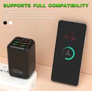Charger plugged into power strip, six devices charging simultaneously