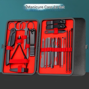 24-piece manicure and pedicure set red edition with black PU leather case and red interior