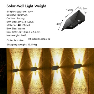 Solar wall light dimensions 14.2×8×7.3cm, compact waterproof outdoor lamp with integrated solar panel.