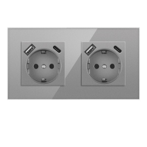 Black tempered glass wall socket with dual charging ports