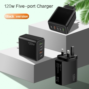 "Compact charging head with three Type-C PD ports and two USB-A ports"