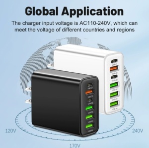"Travel charger with 2 USB-C PD ports and 4 USB-A ports"