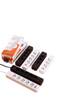 Power strip with 3 European sockets, dual USB ports, and red on/off switch on white background