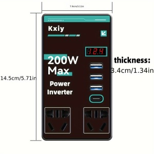 Dimension diagram of the 200W inverter: 14.5 × 7.3 × 3.4 cm, dual AC outlets, USB ports, LED voltmeter.