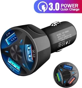 "Compact car charger with three USB ports"