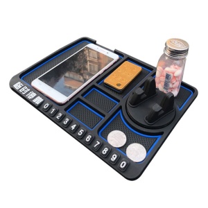 Car storage tray with phone holder and parking number plate