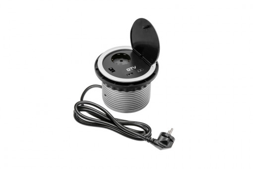 PRIZA INCASTRABILA IN MOBILIER CU 2xUSB 5V 2A, CU CABLU 1.5M SI STECHER, ARGINTIU/NEGRU AE-BPW1S2UCH-80