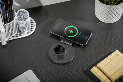 Priza incastrabila model CHARGER PLUS, 1 iesire Schuko, porturi interschimbabile USB-A, RJ45, HDMI, finisaj negru