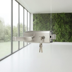 Set broasca si maner pentru usa din sticla 10-12 mm, model NEXA, asimetrica, finisaj inox