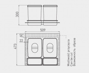 Cos gunoi MULTINO pentru sistem ModernBox, 2 cuve x15 l, h=300 mm, 473x509 mm, finisaj gri PB-91104100B5 - Img 2