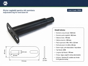 Picior metalic reglabil pentru somiera, Ø38,5 mm, H 175–335 mm, finisaj negru - Img 2