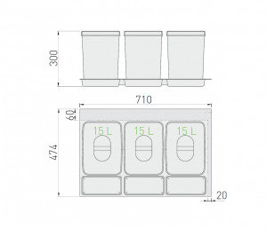 Cos gunoi MULTINO pentru sistem ModernBox, 3 cuve (3x15 l), h=300 mm, 474x710 mm, finisaj gri PB-91634100B5V - Img 2