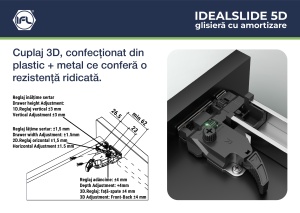 Glisieră cu montaj sub sertar, reglaj 5D, amortizare la închidere, extensie totală, IDEALSLIDE - Img 5