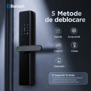 Mâner smart Viva Lock, amprentă, parolă, card și acces via aplicație Smartlock Pro, negru