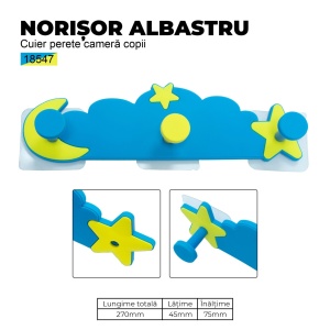 Cuier perete camera copii, Norisor albastru, 3 carlige