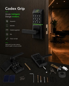 Set mâner smart cu broască Codex Grip, amprentă, cod, card și aplicație Tuya, negru