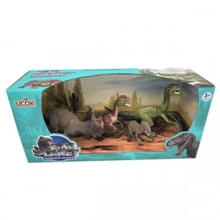 Set 4 dinozauri -Triceratops, Dilophosaurus, Velociraptor si pui de Velociraptor