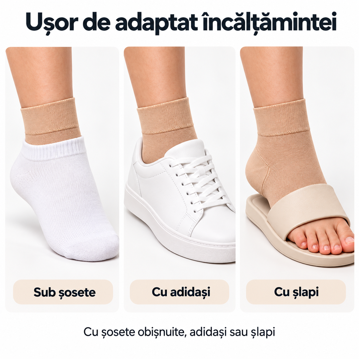 Șosete compresive purtate cu adidași, pantofi sau șlapi