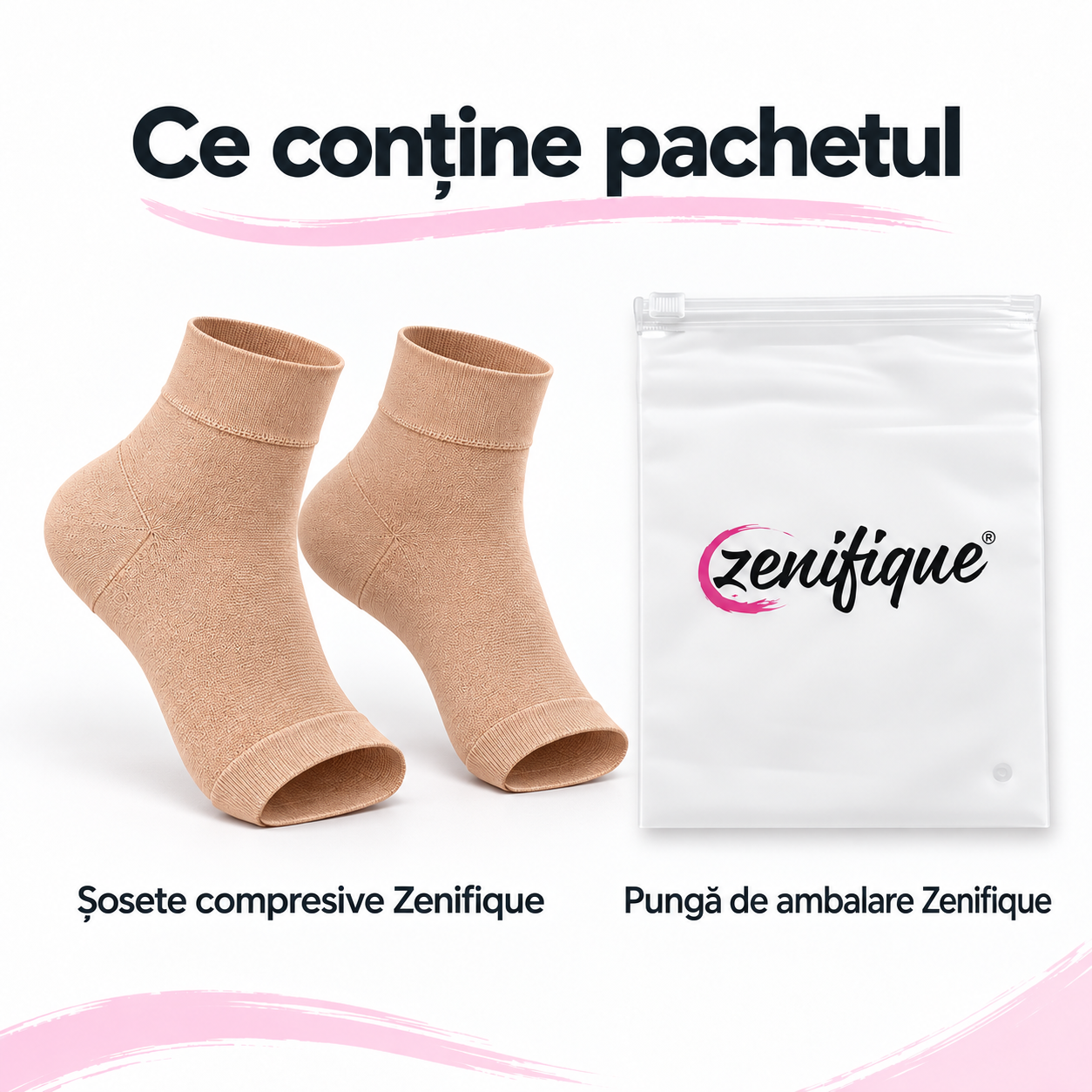 O pereche de șosete compresive bej și o pungă Zenifique resigilabilă