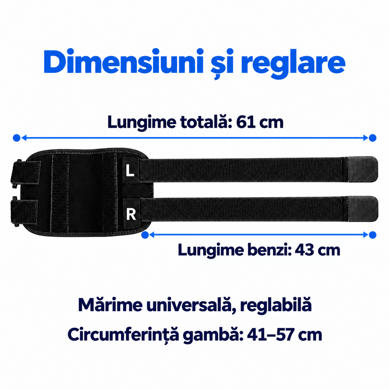 Dimensiuni centură Zenifique, lungime totală 61 cm, benzi 43 cm și circumferință gambă 41–57 cm
