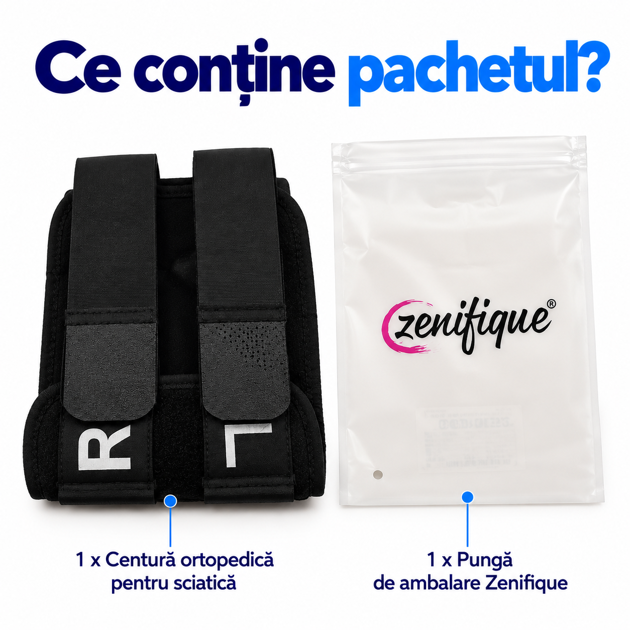 Conținut pachet, o centură pentru sciatică Zenifique și o pungă de ambalare Zenifique