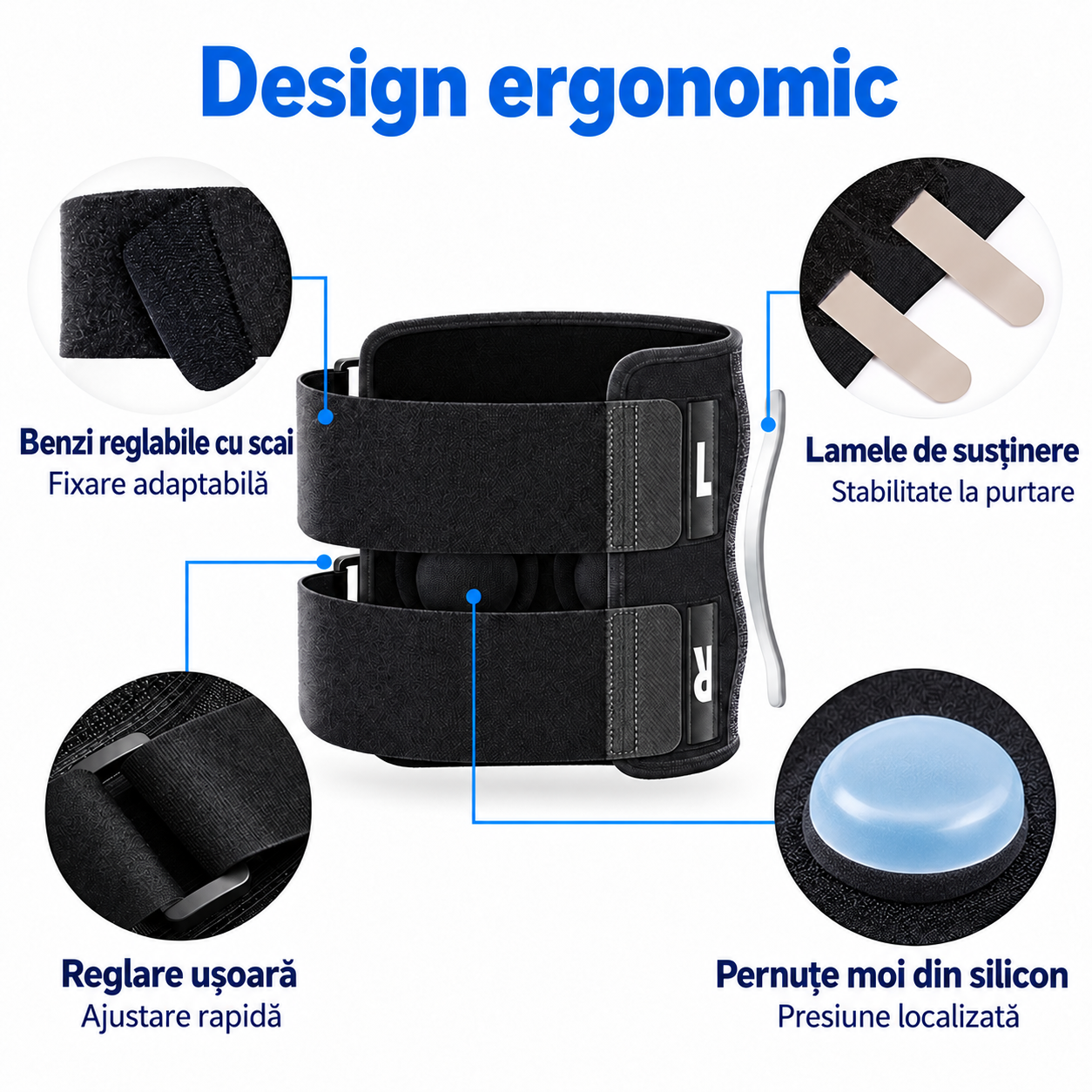 Design ergonomic al centurii Zenifique, benzi reglabile cu scai, catarame și pernuțe din silicon