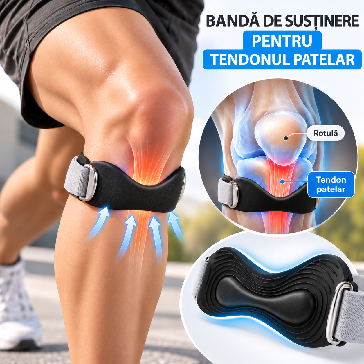 Bandă de susținere Zenifique pentru tendonul patelar, poziționată sub rotulă
