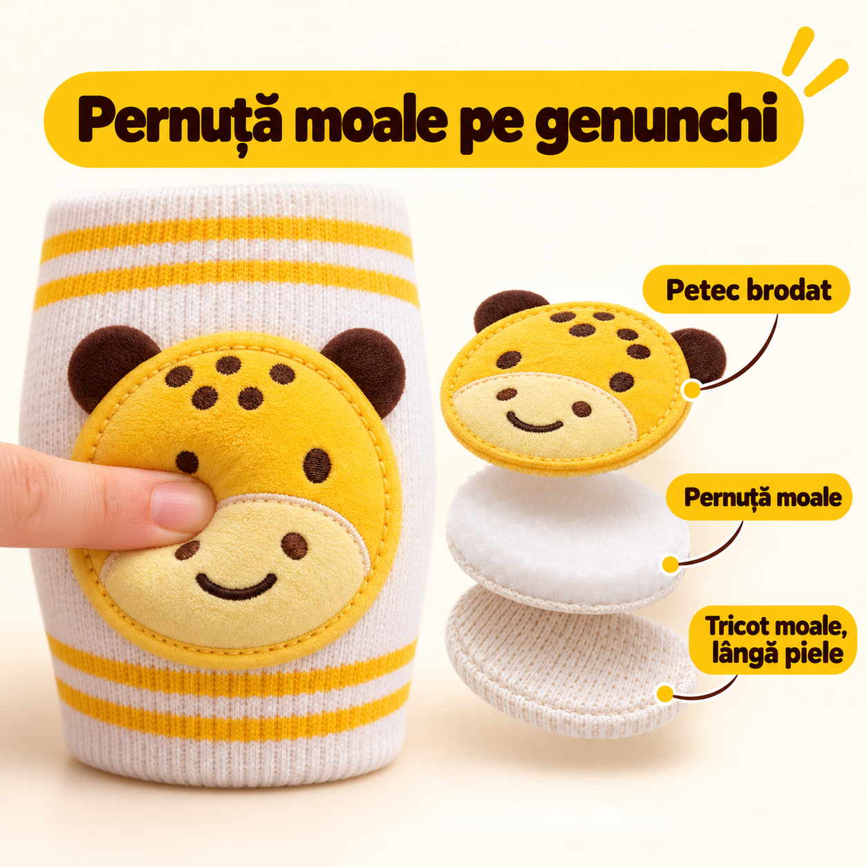 Pernuță moale pe genunchi: petec brodat, pernuță moale și tricot lângă piele
