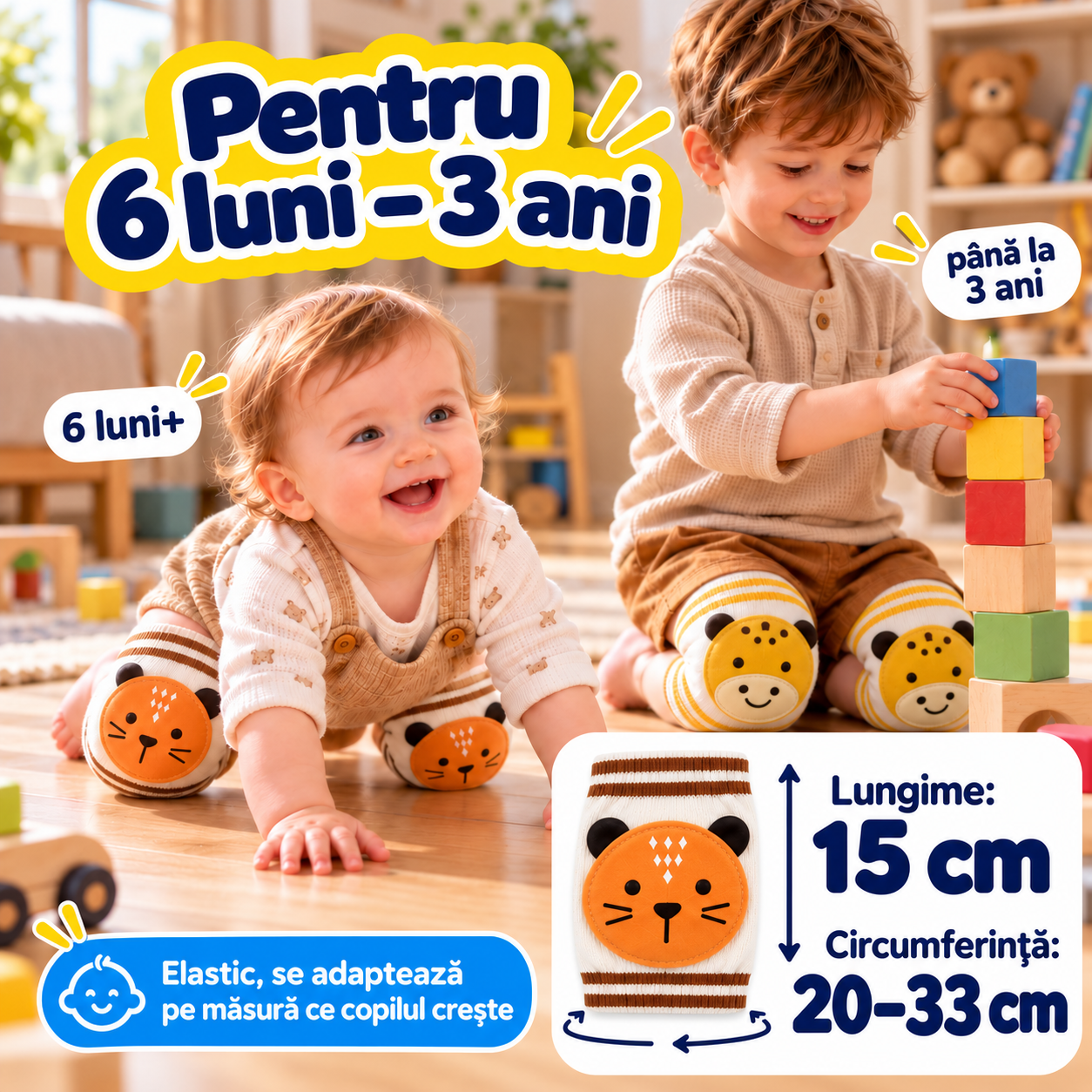 Genunchiere pentru 6 luni – 3 ani, lungime 15 cm, circumferință 20–33 cm