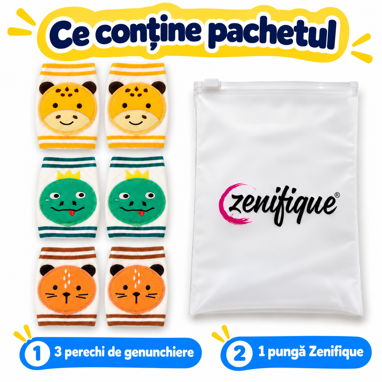 Conținut pachet: 3 perechi de genunchiere și pungă Zenifique