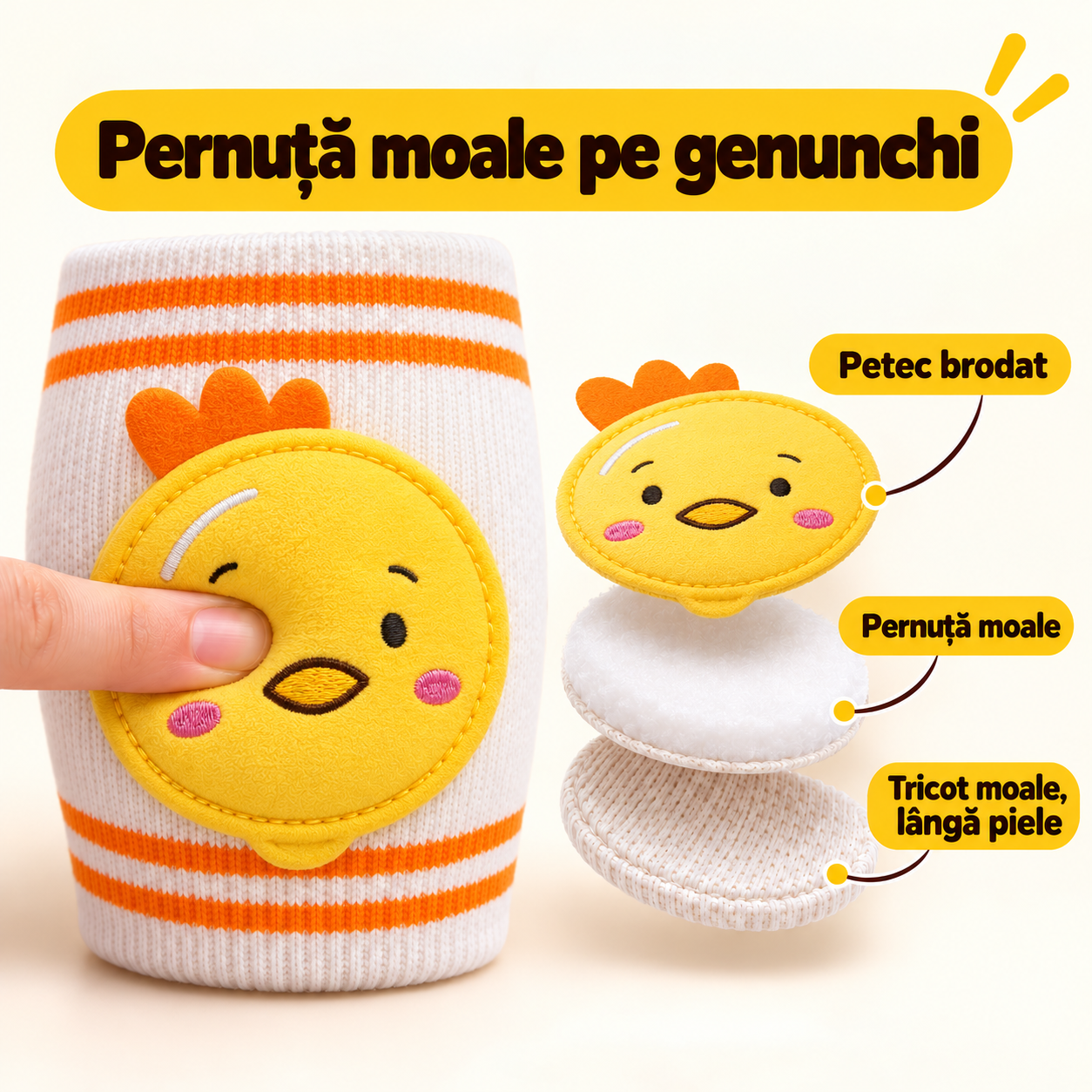 Pernuță moale pe genunchi: petec brodat, pernuță moale și tricot lângă piele