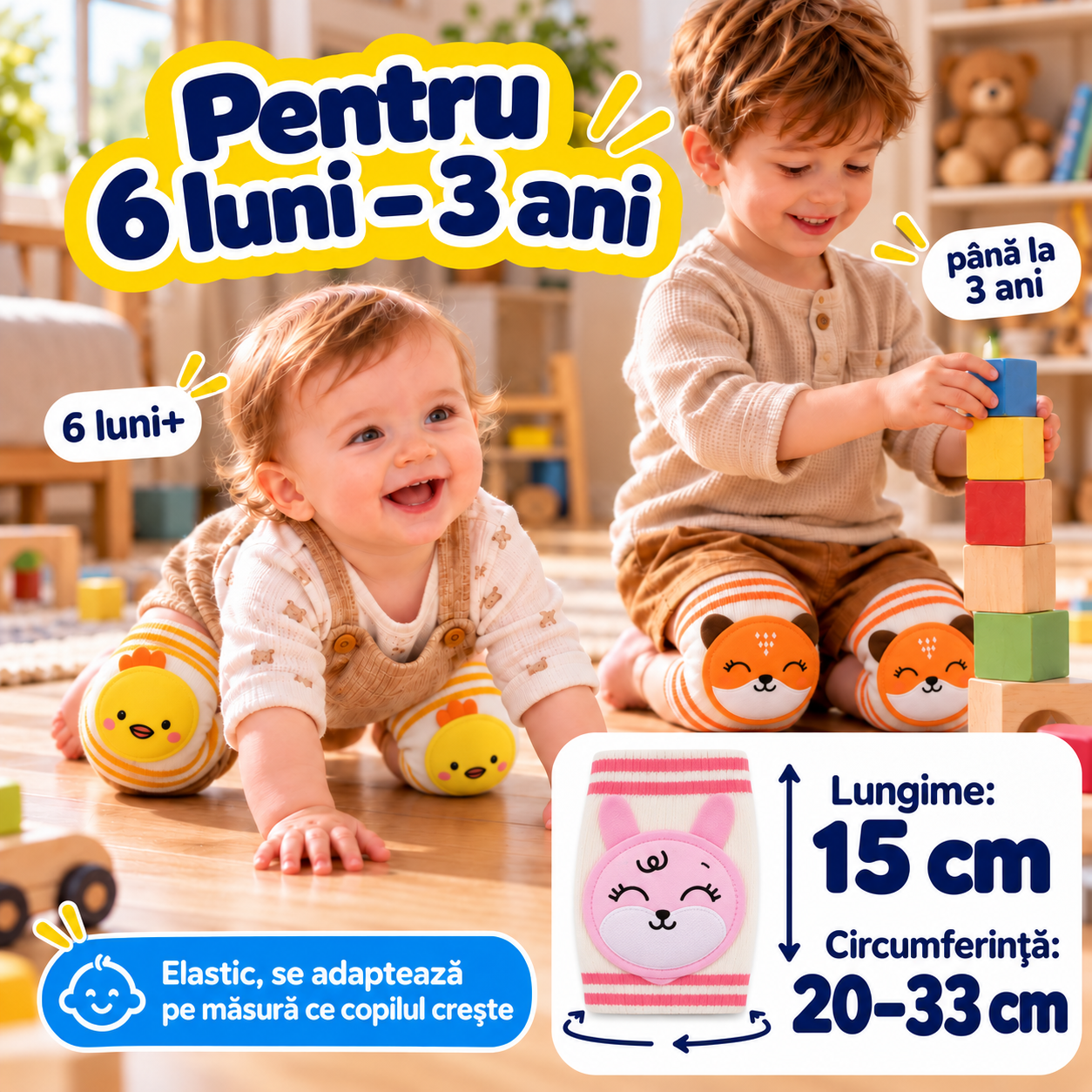 Genunchiere pentru 6 luni – 3 ani, lungime 15 cm, circumferință 20–33 cm